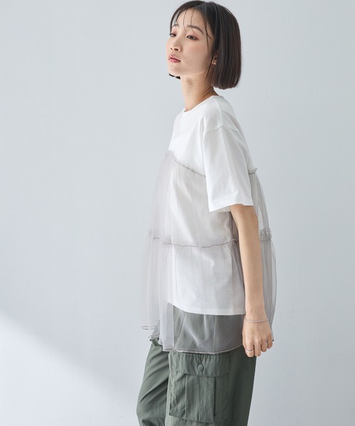 MONO-MART（モノマート）の「チュールティアードビスチェドッキング半袖Tシャツ（Tシャツ/カットソー・レディース・ブラック/オフホワイト/スミクロ/ホワイト系/ホワイト系1・FREE）」の7枚目の写真