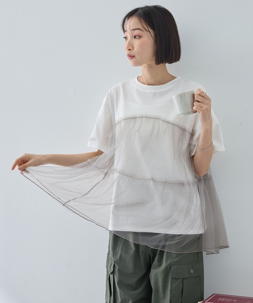 MONO-MART（モノマート）の「チュールティアードビスチェドッキング半袖Tシャツ（Tシャツ/カットソー・レディース・ブラック/オフホワイト/スミクロ/ホワイト系/ホワイト系1・FREE）」の9枚目の写真