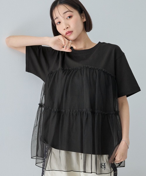 MONO-MART（モノマート）の「チュールティアードビスチェドッキング半袖Tシャツ（Tシャツ/カットソー・レディース・ブラック/オフホワイト/スミクロ/ホワイト系/ホワイト系1・FREE）」の17枚目の写真
