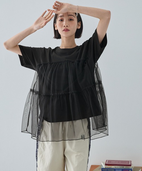 MONO-MART（モノマート）の「チュールティアードビスチェドッキング半袖Tシャツ（Tシャツ/カットソー・レディース・ブラック/オフホワイト/スミクロ/ホワイト系/ホワイト系1・FREE）」の19枚目の写真