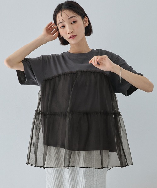 MONO-MART（モノマート）の「チュールティアードビスチェドッキング半袖Tシャツ（Tシャツ/カットソー・レディース・ブラック/オフホワイト/スミクロ/ホワイト系/ホワイト系1・FREE）」の12枚目の写真