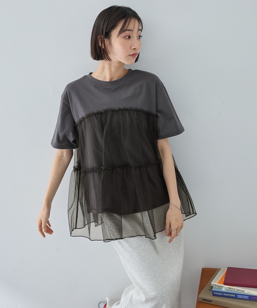 MONO-MART（モノマート）の「チュールティアードビスチェドッキング半袖Tシャツ（Tシャツ/カットソー・レディース・ブラック/オフホワイト/スミクロ/ホワイト系/ホワイト系1・FREE）」の13枚目の写真