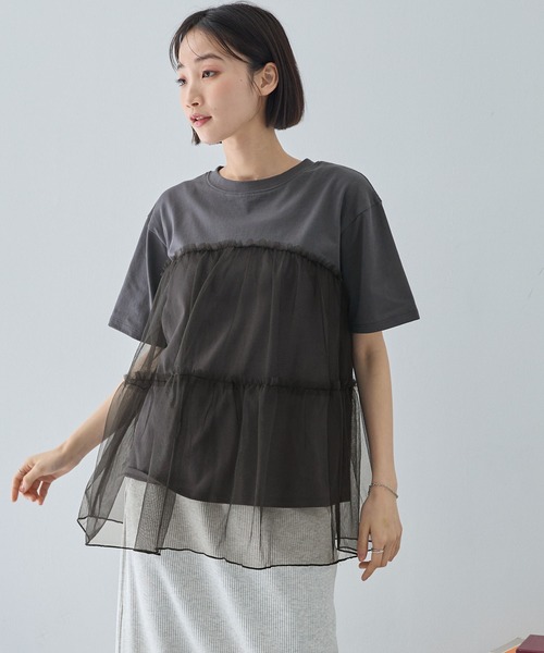 MONO-MART（モノマート）の「チュールティアードビスチェドッキング半袖Tシャツ（Tシャツ/カットソー・レディース・ブラック/オフホワイト/スミクロ/ホワイト系/ホワイト系1・FREE）」の14枚目の写真