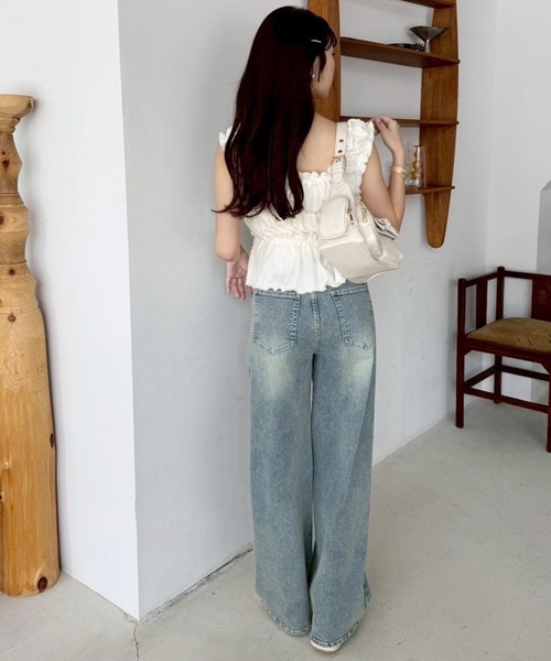 one after another NICE CLAUP（ワンアフターアナザーナイスクラップ）の「シャーリングリボンタンク（タンクトップ・レディース・ベージュ/オフホワイト/ブラック・FREE）」の6枚目の写真