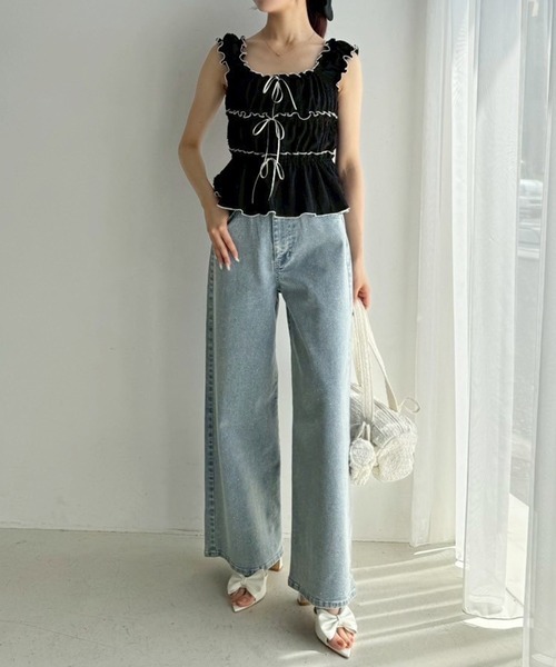 one after another NICE CLAUP（ワンアフターアナザーナイスクラップ）の「シャーリングリボンタンク（タンクトップ・レディース・ベージュ/オフホワイト/ブラック・FREE）」の10枚目の写真