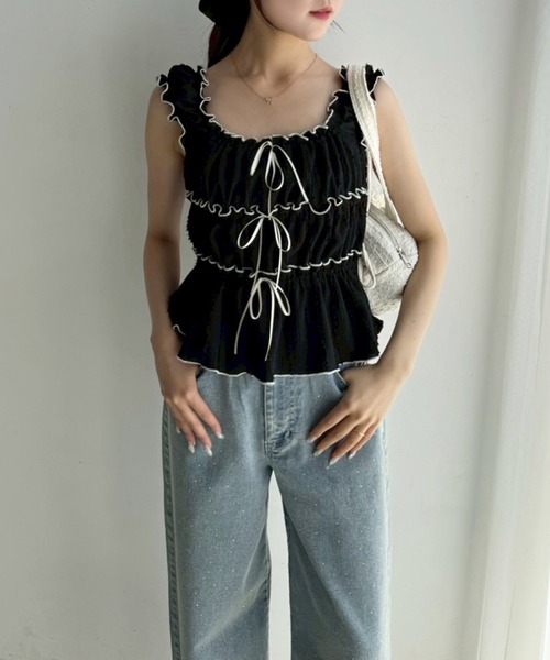 one after another NICE CLAUP（ワンアフターアナザーナイスクラップ）の「シャーリングリボンタンク（タンクトップ・レディース・ベージュ/オフホワイト/ブラック・FREE）」の11枚目の写真