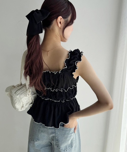 one after another NICE CLAUP（ワンアフターアナザーナイスクラップ）の「シャーリングリボンタンク（タンクトップ・レディース・ベージュ/オフホワイト/ブラック・FREE）」の13枚目の写真