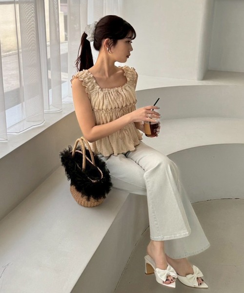 one after another NICE CLAUP（ワンアフターアナザーナイスクラップ）の「シャーリングリボンタンク（タンクトップ・レディース・ベージュ/オフホワイト/ブラック・FREE）」の14枚目の写真