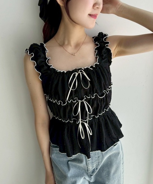 one after another NICE CLAUP（ワンアフターアナザーナイスクラップ）の「シャーリングリボンタンク（タンクトップ・レディース・ベージュ/オフホワイト/ブラック・FREE）」の12枚目の写真