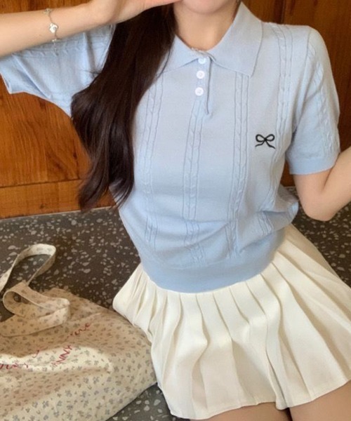 shoppinggo(ショッピングゴー)の「ポロニット レディース リブニット(シャツ/ブラウス・レディース・ホワイト/ブルー/グレー/ブラック・FREE)」の4枚目の写真