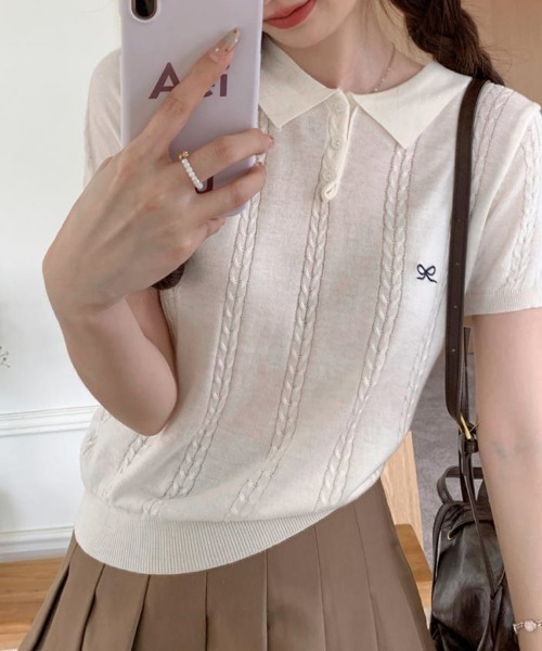 shoppinggo(ショッピングゴー)の「ポロニット レディース リブニット(シャツ/ブラウス・レディース・ホワイト/ブルー/グレー/ブラック・FREE)」の7枚目の写真