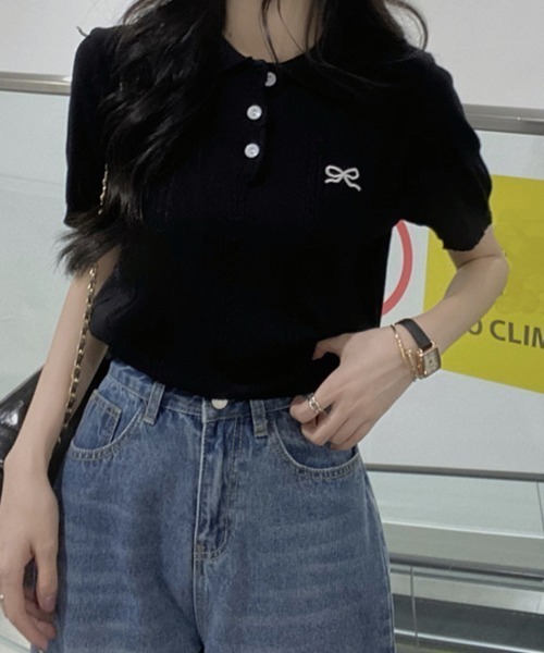 shoppinggo(ショッピングゴー)の「ポロニット レディース リブニット(シャツ/ブラウス・レディース・ホワイト/ブルー/グレー/ブラック・FREE)」の5枚目の写真