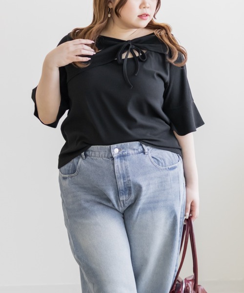 CLETTE(クレット)の「デコルテノットリボンプルオーバー(Tシャツ/カットソー・レディース・グレー/ブラック/ライトブルー・3L/LL/4L)」の1枚目の写真
