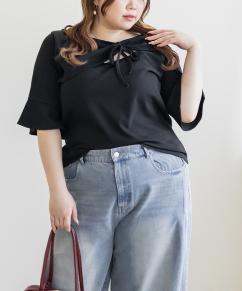 CLETTE(クレット)の「デコルテノットリボンプルオーバー(Tシャツ/カットソー・レディース・グレー/ブラック/ライトブルー・3L/LL/4L)」の5枚目の写真