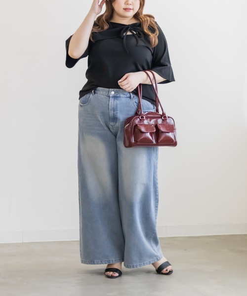 CLETTE(クレット)の「デコルテノットリボンプルオーバー(Tシャツ/カットソー・レディース・グレー/ブラック/ライトブルー・3L/LL/4L)」の6枚目の写真