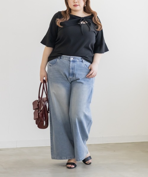 CLETTE(クレット)の「デコルテノットリボンプルオーバー(Tシャツ/カットソー・レディース・グレー/ブラック/ライトブルー・3L/LL/4L)」の7枚目の写真