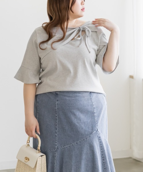 CLETTE(クレット)の「デコルテノットリボンプルオーバー(Tシャツ/カットソー・レディース・グレー/ブラック/ライトブルー・3L/LL/4L)」の10枚目の写真