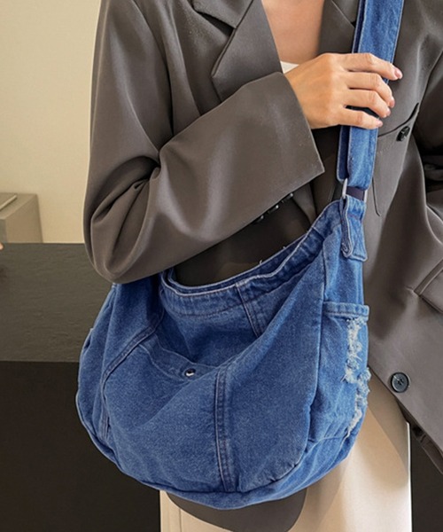 ダメージ加工 ウォッシュデニム ショルダーバッグ ワンハンドル