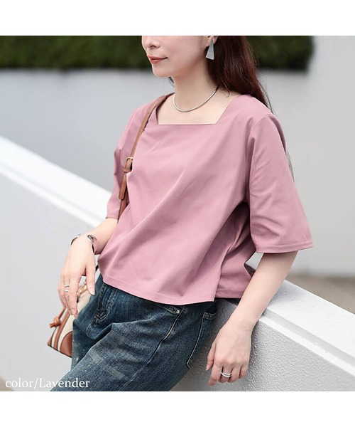 GOLDJAPAN（ゴールドジャパン）の「クロップド丈ワイドスクエアネックTシャツ【大きいサイズ対応】（Tシャツ/カットソー・レディース・グレー/オフホワイト/ブラック/ブラウン/ラベンダー・LL/3L/4L/5L）」の13枚目の写真