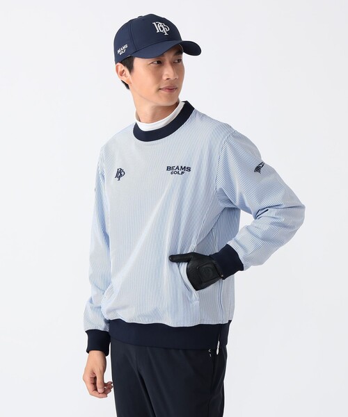 BEAMS GOLF(ビームスゴルフ)の「〈MEN〉PURPLE LABEL / スフィダンテ 刺繍ロゴサッカーストライプ ピステ【撥水】(ブルゾン・メンズ・ネイビー/サックスブルー・SMALL/MEDIUM/LARGE/X-LARGE)」の2枚目の写真