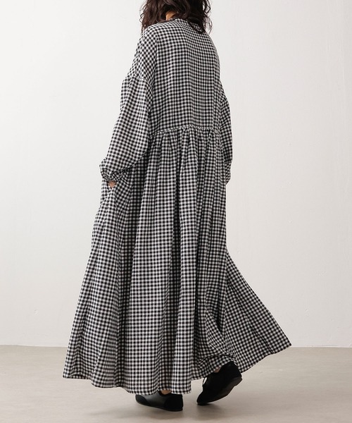 セール】ネル ウエスト切替 長袖ギャザーチェックワンピース ロング丈