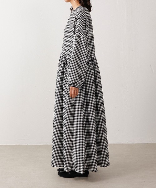 セール】ネル ウエスト切替 長袖ギャザーチェックワンピース