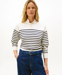 ジャージーゴールドボタンモックネックセーター