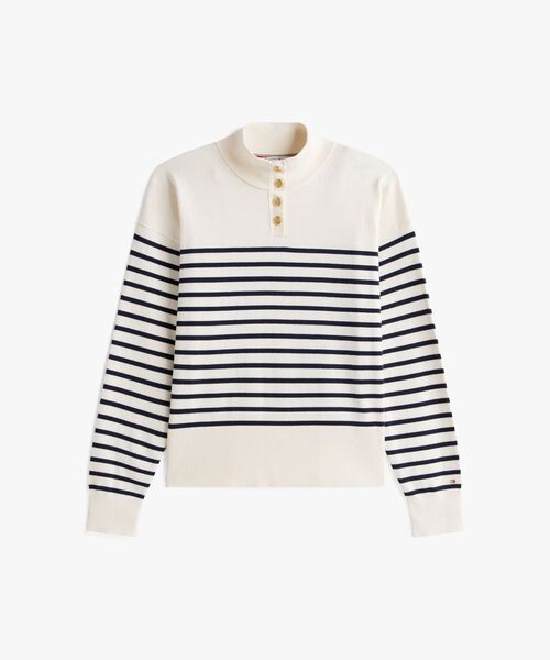 TOMMY HILFIGER（トミーヒルフィガー）の「ジャージーゴールドボタンモックネックセーター（ニット/セーター・レディース・ホワイト×ネイビー・X-SMALL/XX-SMALL/SMALL）」の5枚目の写真