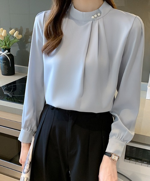 cammie(キャミー)の「ハイネックタックパール付きブラウス(シャツ/ブラウス・レディース・ライトグレー/ホワイト/ブラック・LARGE/MEDIUM)」の10枚目の写真