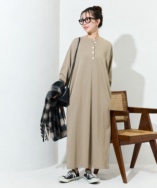 限定展開 USAコットン ヘンリーネック ロングスリーブ ワンピース