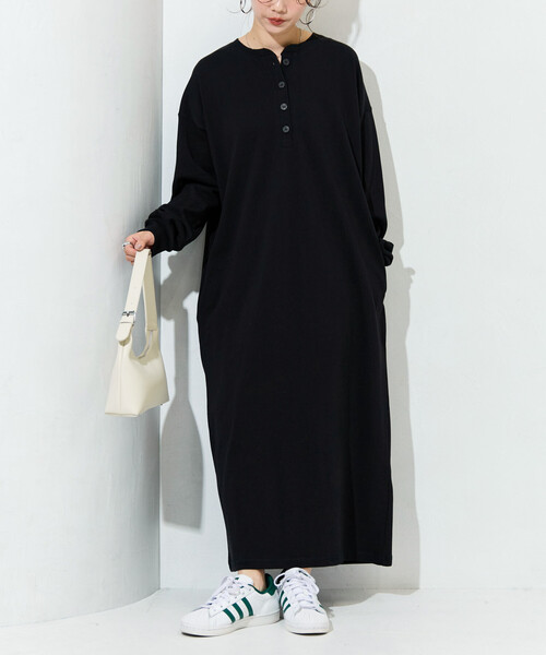 新品♡SOUSOU コラボ ストレッチコーデュロイヘンリーネックロングワンピース 限定展開 USAコットン ヘンリーネック ロングスリーブ