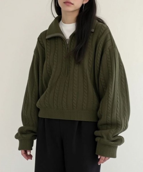 cammie(キャミー)の「ハーフジップケーブル模様ニット(ニット/セーター・レディース・カーキ/ブラック/グレー・M/L)」の9枚目の写真