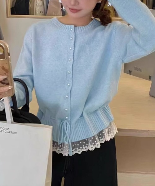 Miniministore(ミニミニストア)の「レース切り替えニットカーディガン長袖秋冬(ニット/セーター・レディース・アイボリー/ブラック/グレー/ブルー/レッド/ラベンダー/イエロー・FREE)」の4枚目の写真