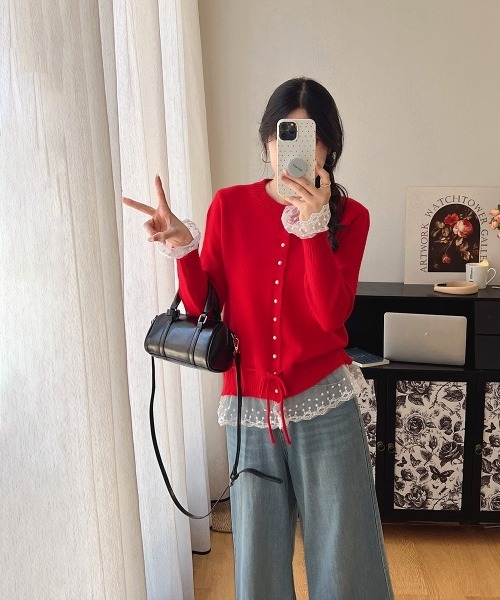 Miniministore(ミニミニストア)の「レース切り替えニットカーディガン長袖秋冬(ニット/セーター・レディース・アイボリー/ブラック/グレー/ブルー/レッド/ラベンダー/イエロー・FREE)」の20枚目の写真