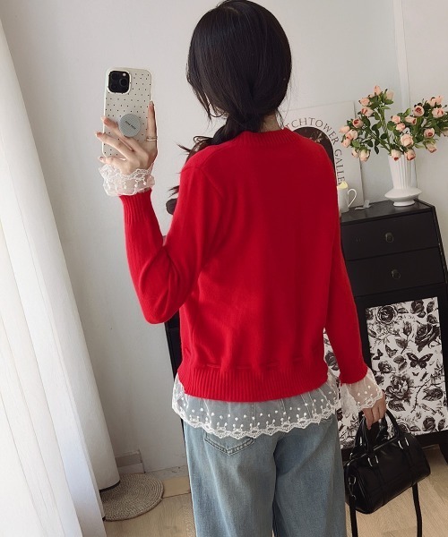Miniministore(ミニミニストア)の「レース切り替えニットカーディガン長袖秋冬(ニット/セーター・レディース・アイボリー/ブラック/グレー/ブルー/レッド/ラベンダー/イエロー・FREE)」の21枚目の写真