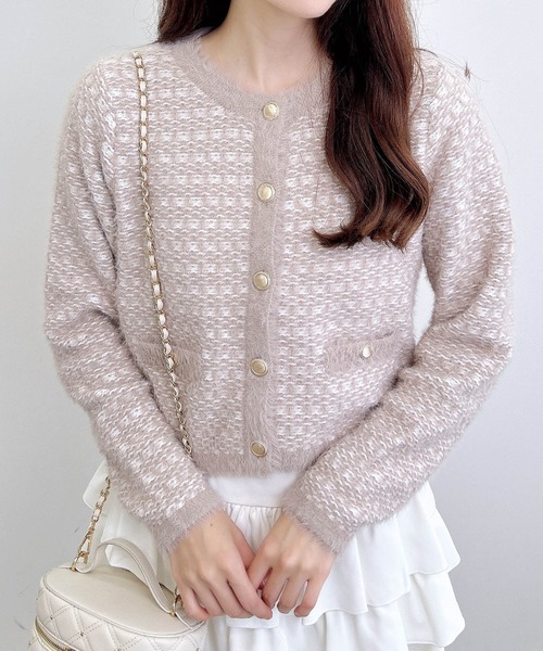 ハロッズ・リボンツイード・カーディガン　オフホワイト フェザーツイードニットカーディガン（カーディガン/ボレロ）｜INGNI