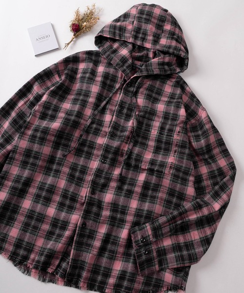 SlashDate（スラッシュデイト）の「【82】カットオフ チェック フードシャツ（シャツ/ブラウス・レディース・ブルー/ピンク/イエロー/ブラック・L/M）」の4枚目の写真