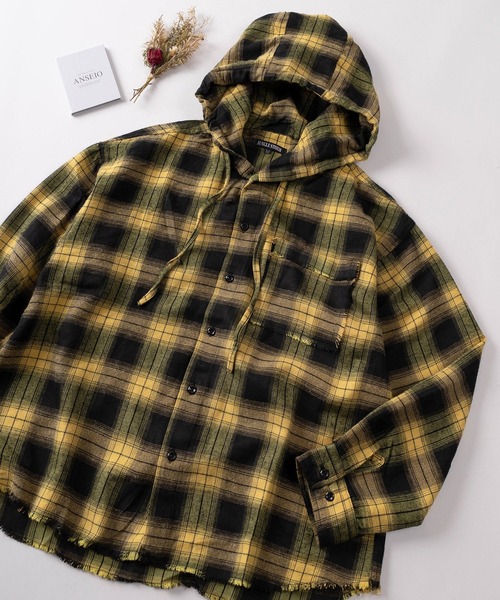 SlashDate（スラッシュデイト）の「【82】カットオフ チェック フードシャツ（シャツ/ブラウス・レディース・ブルー/ピンク/イエロー/ブラック・L/M）」の3枚目の写真