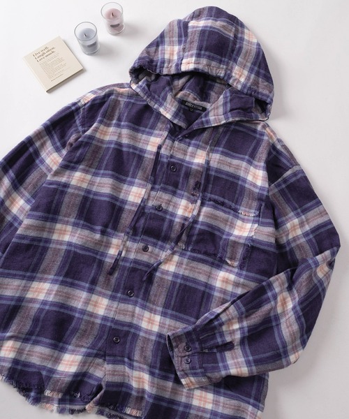 SlashDate（スラッシュデイト）の「【82】カットオフ チェック フードシャツ（シャツ/ブラウス・レディース・ブルー/ピンク/イエロー/ブラック・L/M）」の2枚目の写真