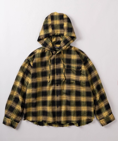 SlashDate（スラッシュデイト）の「【82】カットオフ チェック フードシャツ（シャツ/ブラウス・レディース・ブルー/ピンク/イエロー/ブラック・L/M）」の9枚目の写真