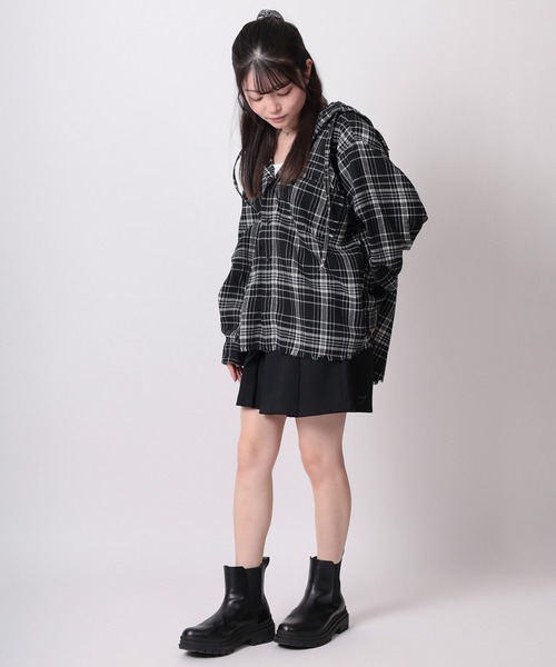 SlashDate（スラッシュデイト）の「【82】カットオフ チェック フードシャツ（シャツ/ブラウス・レディース・ブルー/ピンク/イエロー/ブラック・L/M）」の22枚目の写真