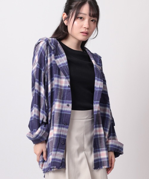 SlashDate（スラッシュデイト）の「【82】カットオフ チェック フードシャツ（シャツ/ブラウス・レディース・ブルー/ピンク/イエロー/ブラック・L/M）」の20枚目の写真