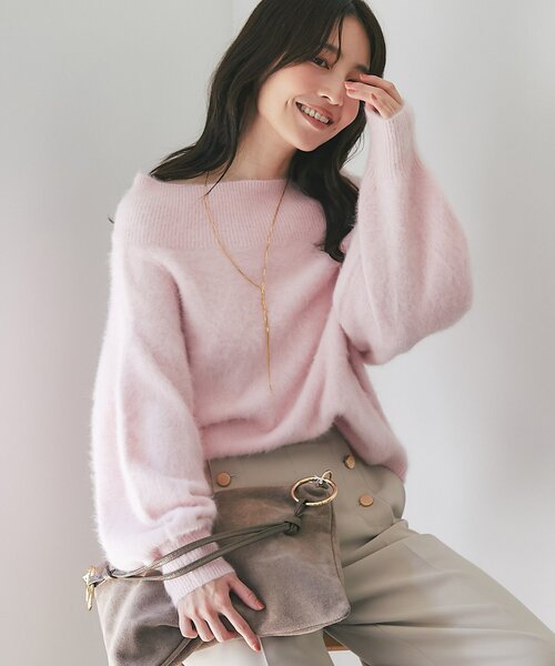 最終値La boutique BonBonヘアリーウールカシミヤ混スリットニット セール】【大人っぽニット】ヘアリーウールカシミア混リブネック