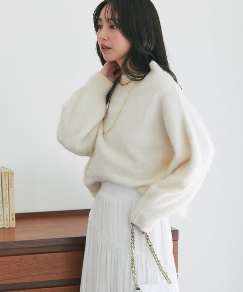 セール】【大人っぽニット】ヘアリーウールカシミア混リブネック
