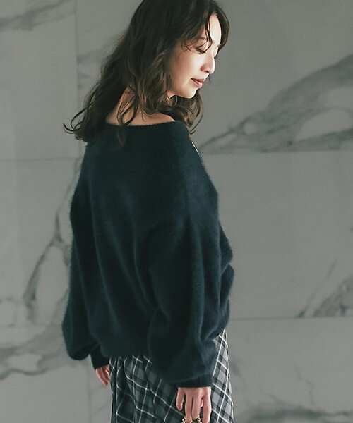 セール】【大人っぽニット】ヘアリーウールカシミア混リブネック