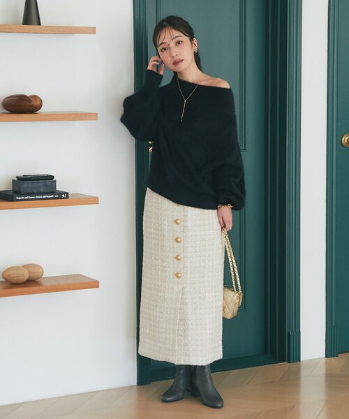 セール】【大人っぽニット】ヘアリーウールカシミア混リブネック