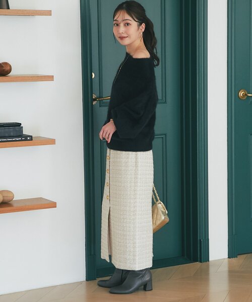 セール】【大人っぽニット】ヘアリーウールカシミア混リブネック