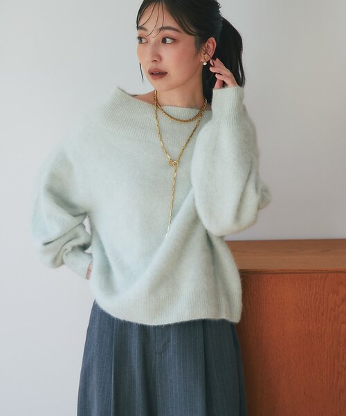 セール】【大人っぽニット】ヘアリーウールカシミア混リブネック