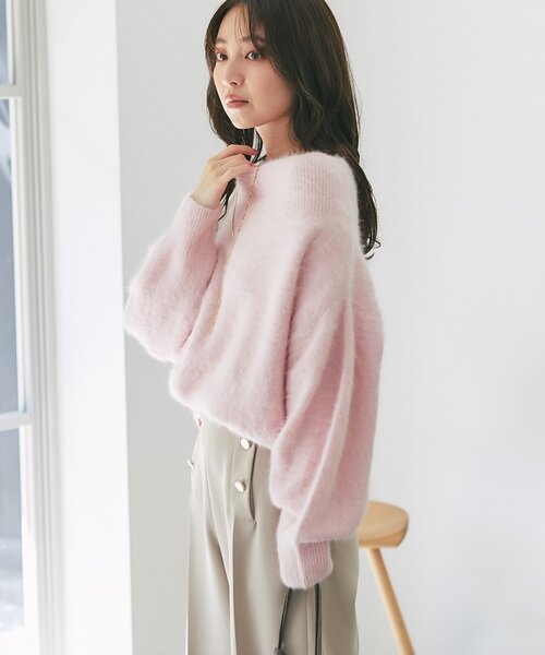 セール】【今すぐお届け！】ヘアリーウールカシミア混リブネック