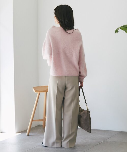 セール】【大人っぽニット】ヘアリーウールカシミア混リブネック